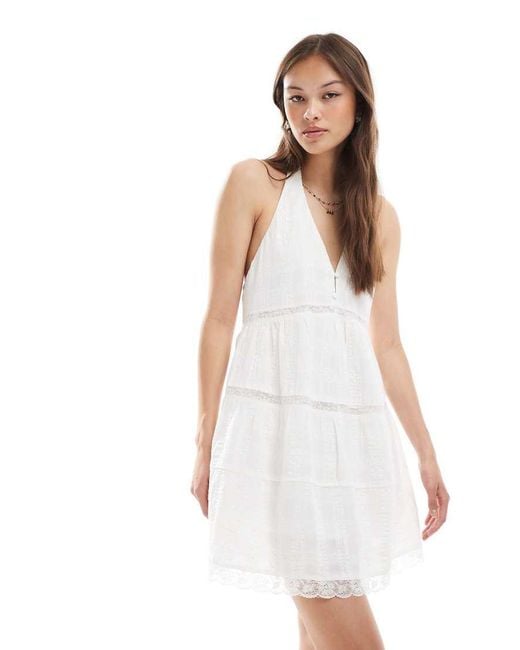 Pull&Bear White Lace Trim Detail Tiered Mini Dress