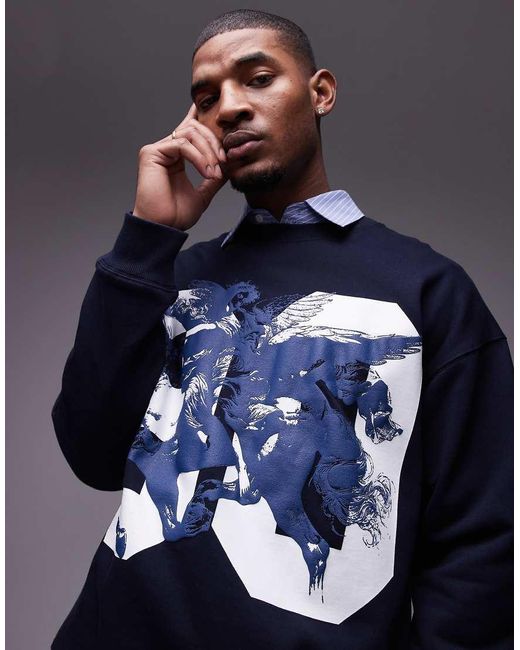 Topman Oversized Sweatshirt Met Pegagus-Print Met Textuur in het Blue voor heren