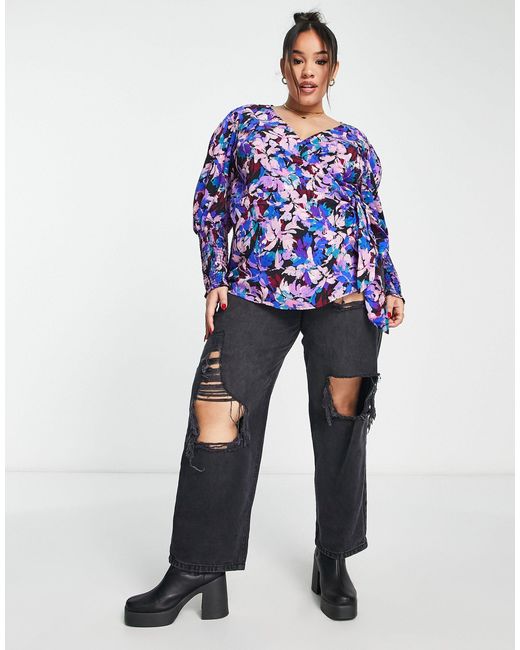 Simply Be Wrap Top With Shirred Cuff in Blue | Lyst