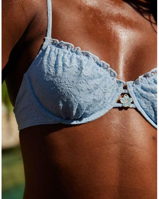 South Beach Green Underwire Bikini Top With Frill Hem And Flower Detail