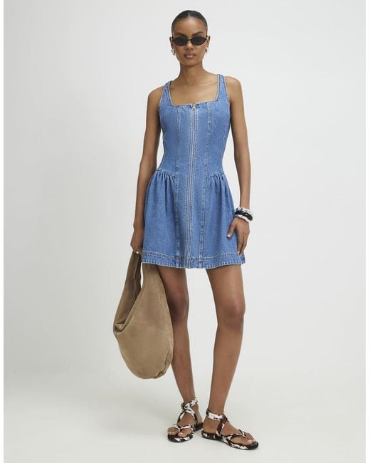 River Island Blue Denim Sleeveless Zip Front Swing Dress