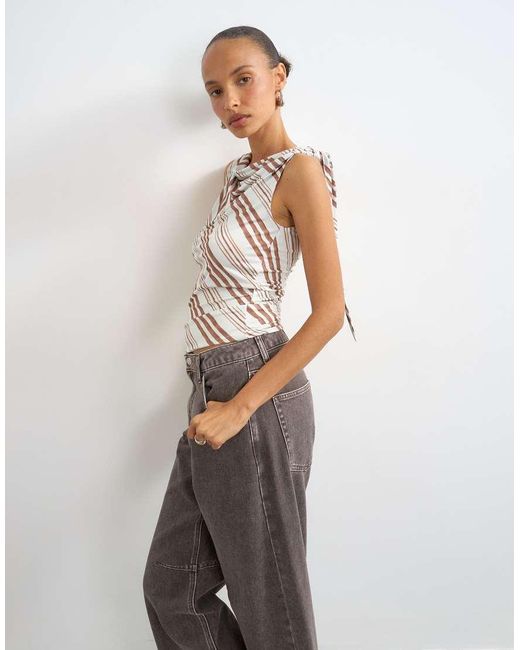 TOPSHOP White Microfibre Stripe Knot Shoulder Tank