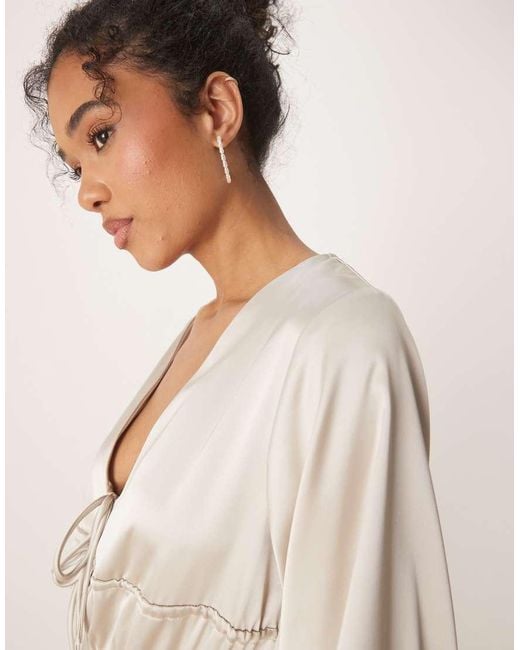 Gina Tricot Natural Satin Long Sleeve Midi V Neck Tie Front Ruched Detail