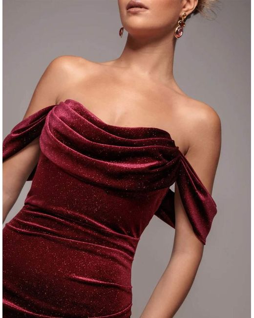 Goddiva Red Glitter Velvet Cowl Neck Pleated Waist Maxi Dress