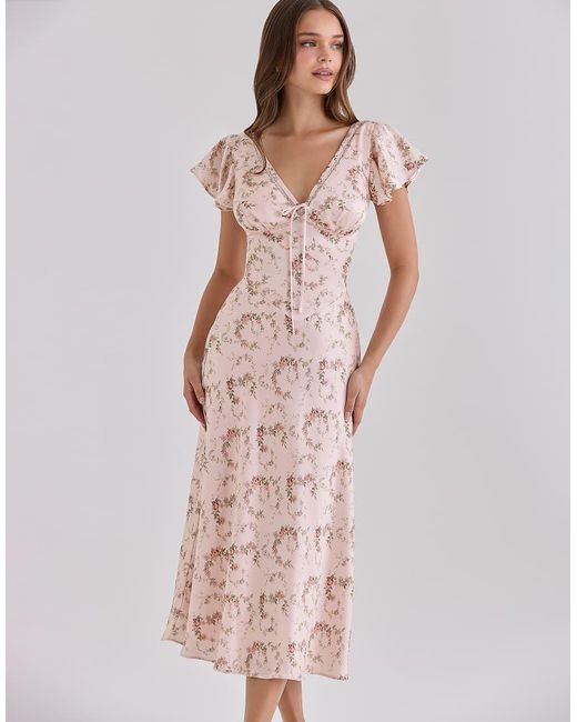 House Of Cb Pink Raye Vintage Rose Floral Print Satin V-Neck Midi Tea Dress