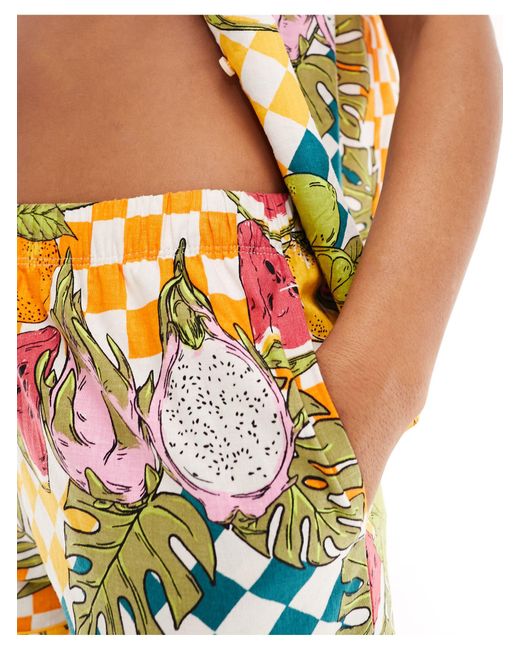 Chelsea Peers Multicolor – baumwoll-pyjama mit früchte-schachbrettmuster bestehend aus kurzärmligem hemd mit reverskragen und shorts