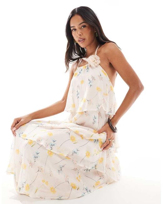 Pieces White Ruffle Tiered Maxi Dress With Corsage Detail