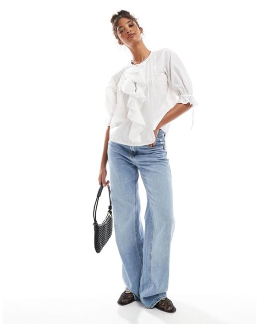 ASOS White Ruffle Front Top With Pleat Detail And Tie Front