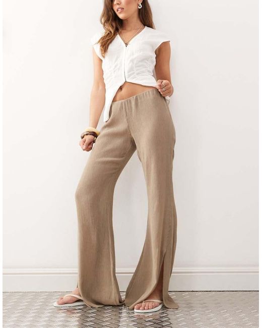 Weekday Natural Flare Leg Plisse Trousers With Split Hem Detail