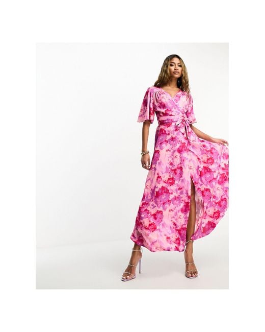 Flounce London Pink Flutter Sleeve Satin Wrap Maxi Dress