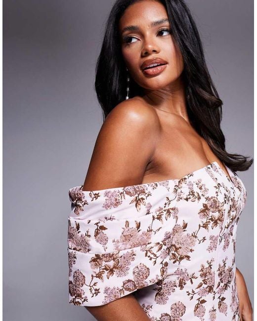 ASOS Jacquard Mini Jurk Met Blote Schouders En Geplooide Poplin Rok in het Gray