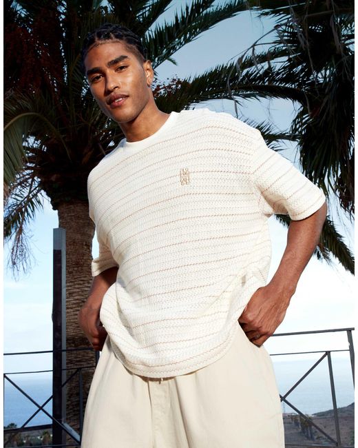T-shirt oversize coupe carrée à rayures texturées et broderies sur le devant - neutre ASOS pour homme en coloris Natural