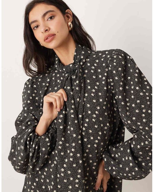 Glamorous Black Pussybow Smock Mini Dress With Balloon Sleeves