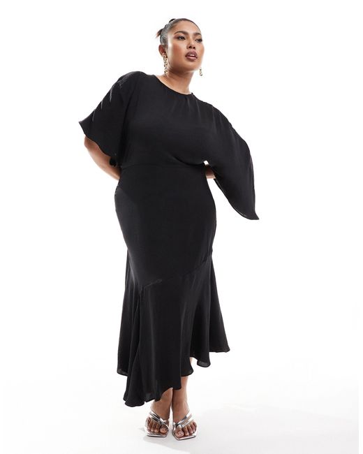 ASOS Black Asos Design Curve Satin Flutter Sleeve Asymmetric Hem Midi Dress