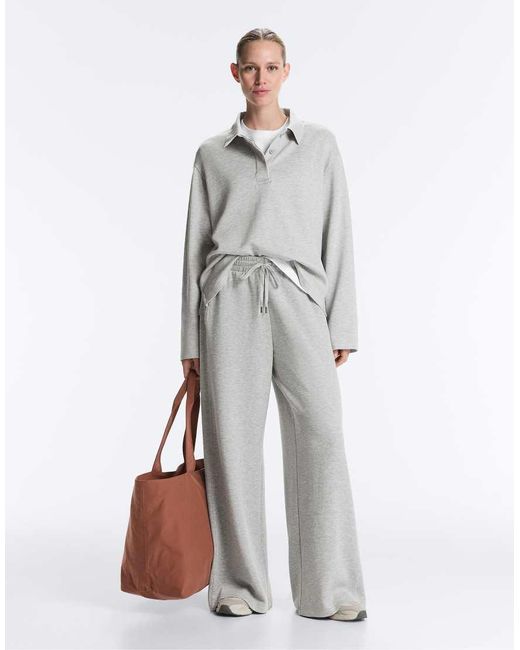 Oysho Gray Mélange Piqué Long-Sleeve Polo Shirt