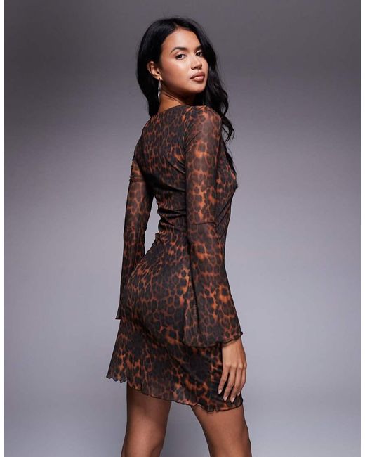 Brave Soul Mini-Jurk Van Mesh Met Lange Mouwen En Luipaardprint in het Brown