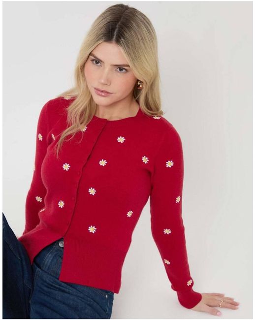 Threadbare Daisy Embroidered Crew Neck Knitted Cardigan