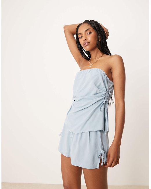 ASOS White Linen Blend Ruched Tie Side Bandeau Top