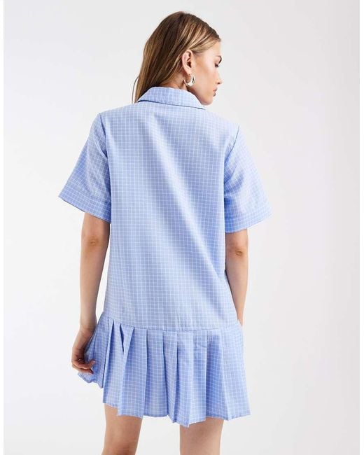 Pieces Blue Drop Waist Pleated Mini Shirt Dress