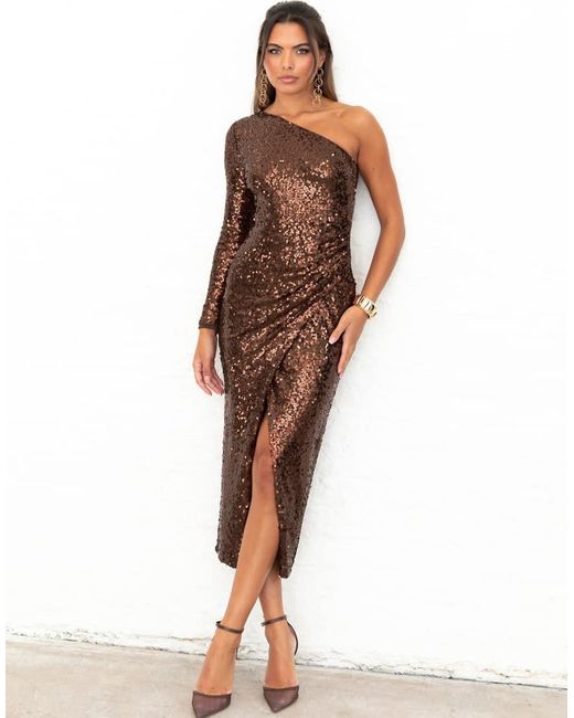Maya Brown Fully Embellished One Sleeve Midaxi Dress