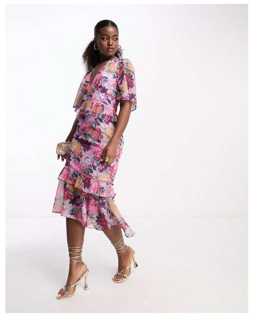 Hope & Ivy Pink Flutter Sleeve Ruffled Midi Dress