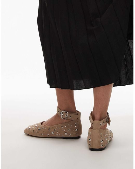& Other Stories Black Studded Suede Leather Ballet Flats With Ankle Strap