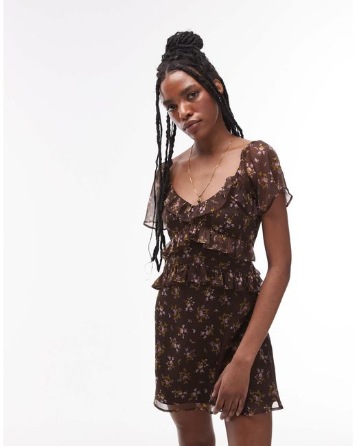 TOPSHOP Brown Ruffle Detail Tea Dress