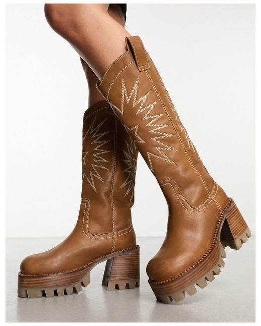 Cosmic - bottes hauteur genou en cuir style western à semelle crantée - fauve ASOS en coloris Brown