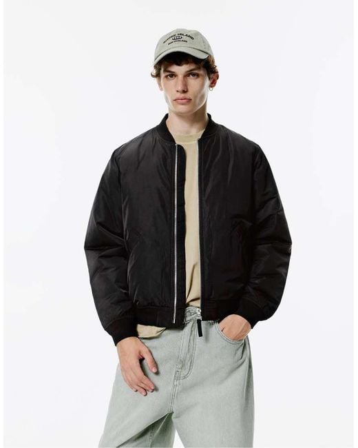 Pull&Bear Black Padded Bomber Jacket for men