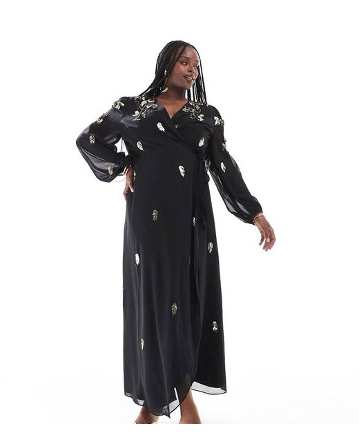Hope & Ivy Plus Black Wrap Front Maxi Dress With Gold Embellishment