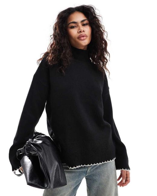 Jersey Con Cuello Alto Y Pespuntes De Punto Festón De ASOS de color Black