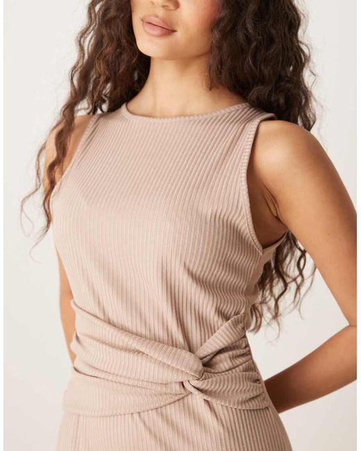 Vestito Midi Color Pietra A Coste Senza Maniche Con Nodo di ASOS in Natural