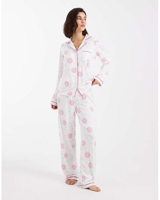 Loungeable White Super Soft Jersey Revere Top And Wide Leg Pyjama Set