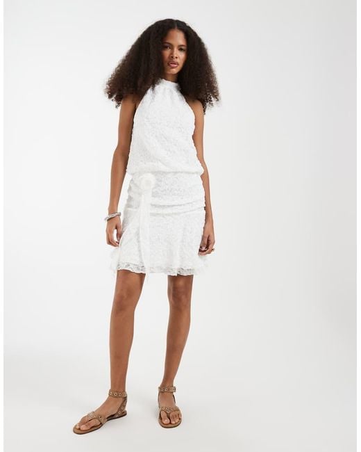 Vero Moda White Halterneck Rose Applique Tie Detail Mini Dress