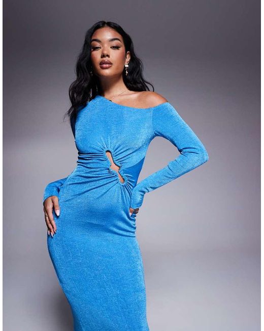 Vestito Lungo A Maniche Lunghe Con Spalla Scivolata E Dettaglio Oversize di ASOS in Blue