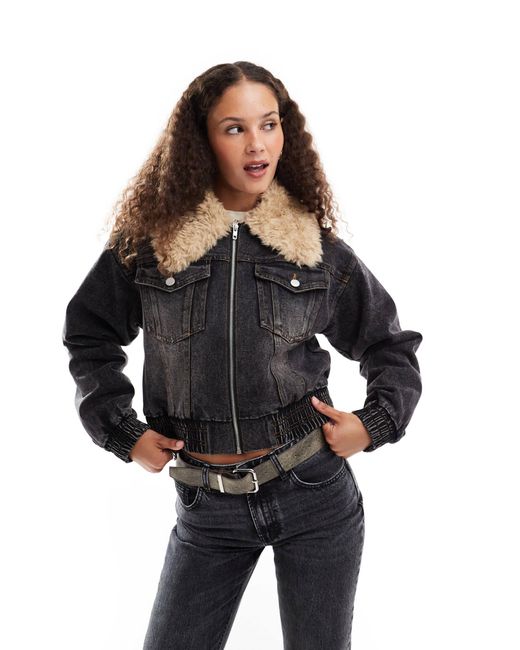 emory park Black Denim Oversized Bomber With Faux Shearling