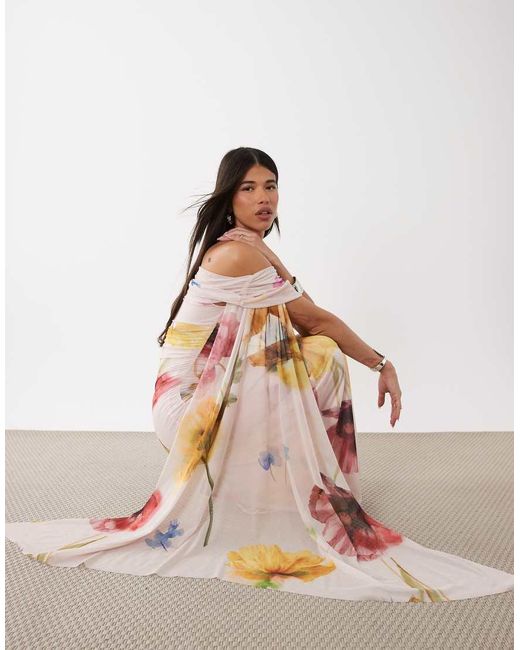 ASOS Pink Printed Floral Mesh Maxi Dress With Folded Off Shoulder And Sash Detail
