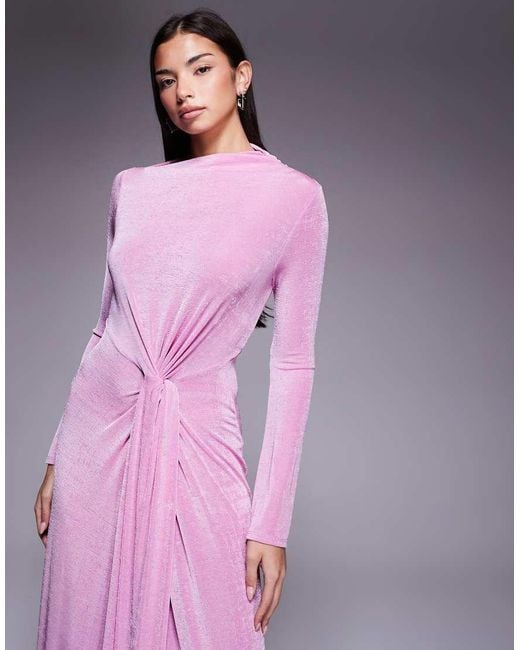 ASOS Purple Long Sleeve Slinky Maxi Dress With Knot Detail
