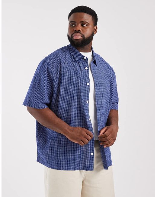 ASOS Blue Relaxed Micro Check Shirt With Pockets for men