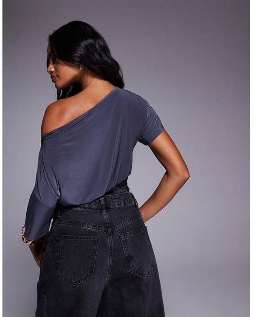 ASOS Blue Asymmetric One Shoulder Short Sleeve Cinch Waist Top