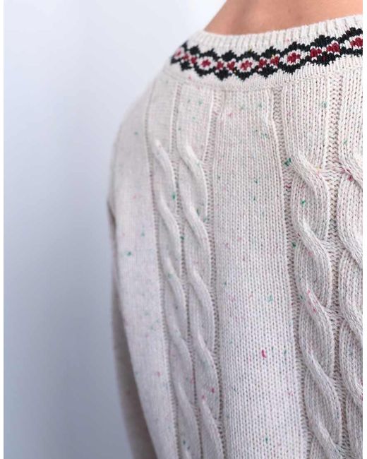 Topman White Relaxed Fit Cable Knitted V-neck Jumper With Fairisle Trim for men