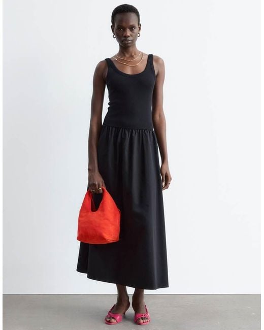 & Other Stories Black Fitted Bodice Maxi Jersey Dress With Cotton Poplin Skirting