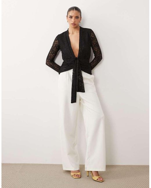 ASOS Black Lace Long Sleeve Plunge Top With Tie Waist