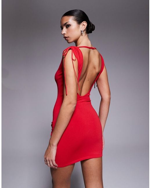 I.AM.GIA Red Sugar Slash Neck Ruched Detail Open Back Side Metal Hardware Mini Dress