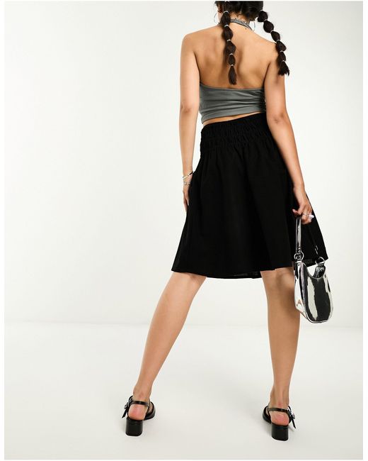 Motel Black Shirred Waist Y2k Cotton Midi Skirt