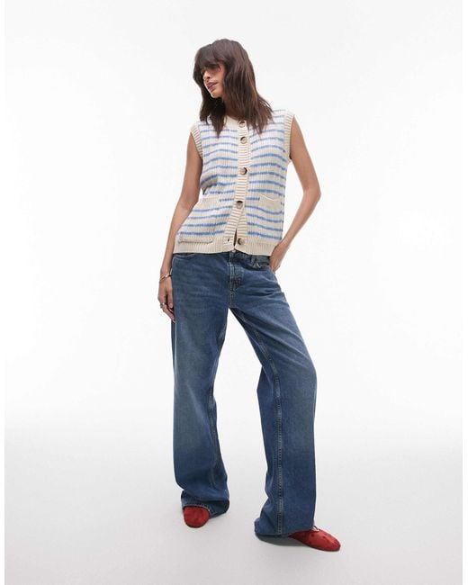 TOPSHOP White – gestreiftes, durchgeknöpftes tanktop aus weitmaschigem strick