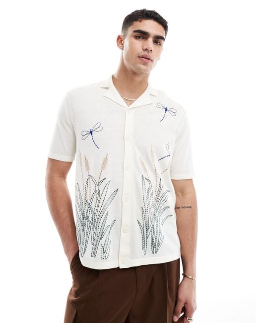 ASOS White Relaxed Knitted Button Through Polo With Dragonfly Embroidery for men