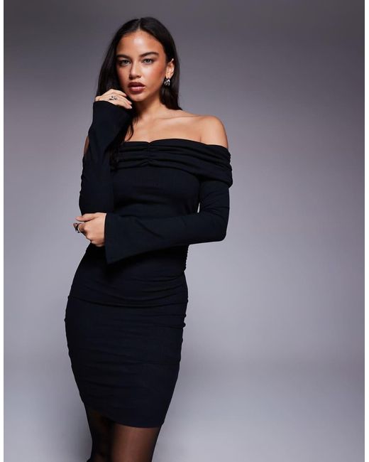 ASOS Blue Ribbed Ruched Bardot Mini Dress