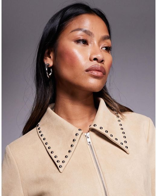 Princess Polly Blue Hurleigh Faux Suede Stud Trim Collared Jacket