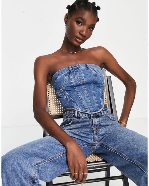 TOPSHOP Cotton Denim Corset in Blue 